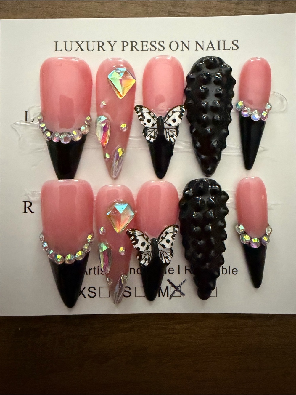 NEW Luxury Pink & Black Press-On Nail Set with Rhinestones